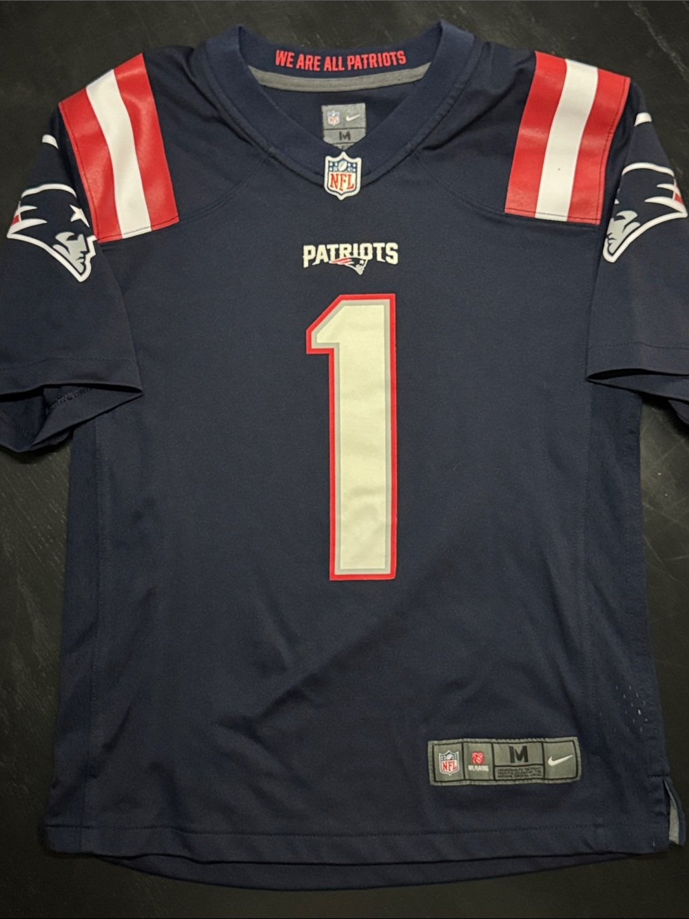 Nike Patriots Kids Navy Blue Jersey with Red & White Accents #1 Newton